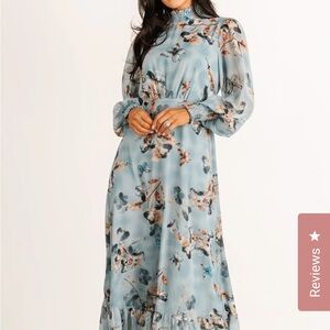 Floral Long Sleeve Maxi Dress in Light Blue